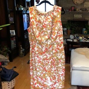 Boden Limited Edition Floral Sleeveless Sheath Dress in Coral, Gold & White